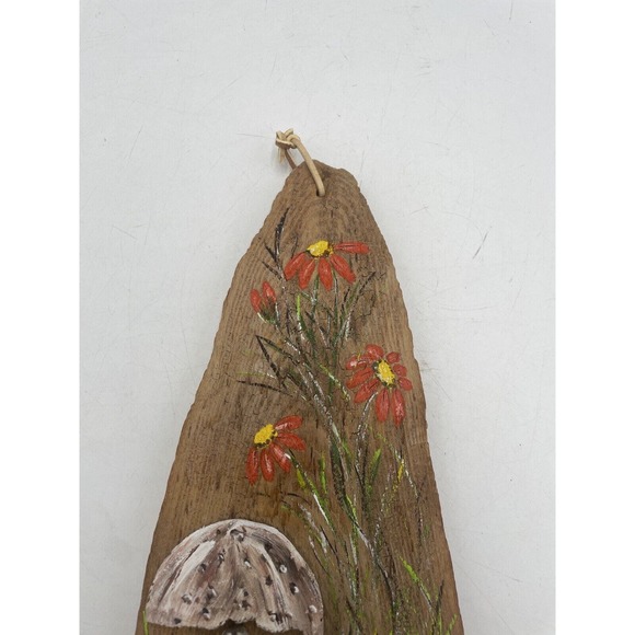 Hand painted driftwood signed mushroom floral kitschy decor MCM rustic - Picture 3 of 5